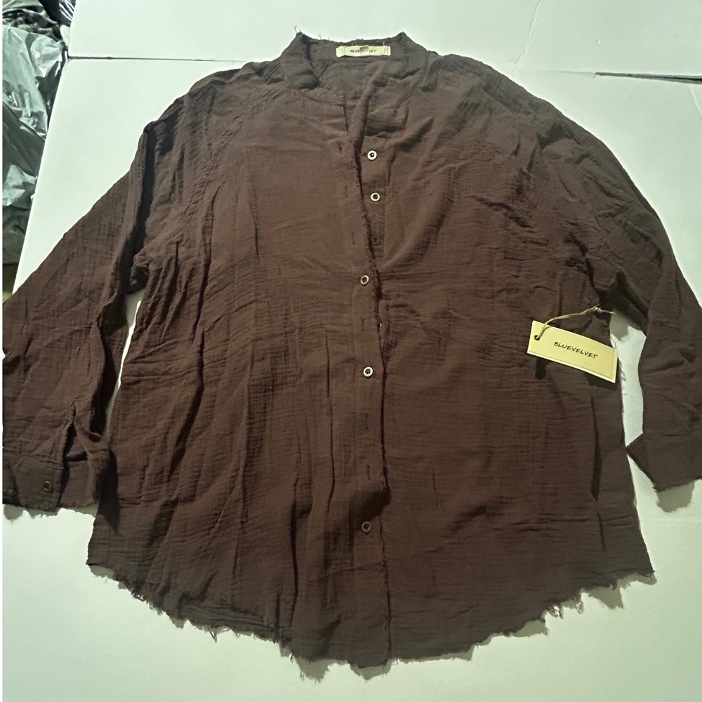 Bluevelvet Brown Cotton Gauze Frayed Hem Button Down Top Womens Medium JS127